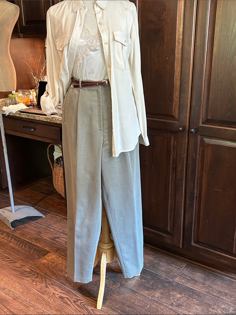 INC Sz 14 High-Waist Wide Leg Wool Blend Women's Trouser in Gray Green
